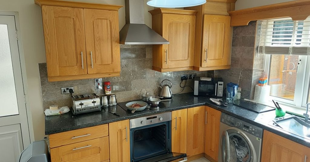 Oak-kitchen-before-professional-respray-in-Killaloe,-Co.Clare